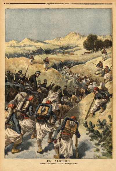 In Algerien, ein Bataillon organisiert von einem ganzen Bataillon von Zouaven, verstärkt durch die Kavallerie, um Areski ben Bashir zu fangen von Unknown artist