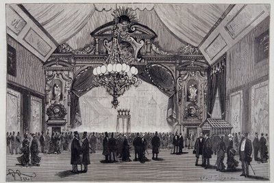 Glühbeleuchtung auf der Elektrizitätsausstellung: der Werdermann-Kronleuchter im Theatersaal - in „Nature“ von Unknown artist