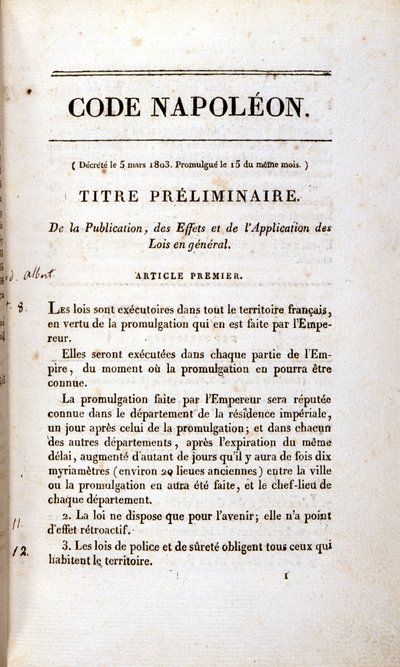 Incipit des Napoleonischen Kodex (Zivilgesetzbuch) von Unknown artist