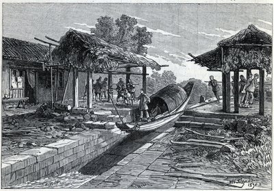 Schrägaufzug für Boote in Ning-Po (oder Ning Po in China). Gravur in „La Nature“ von Unknown artist