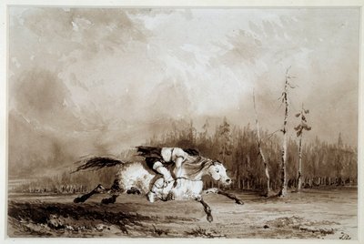 Indianer Amerikas: Ein galoppierendes Pferd, das einen gefesselten Mann trägt von Unknown artist