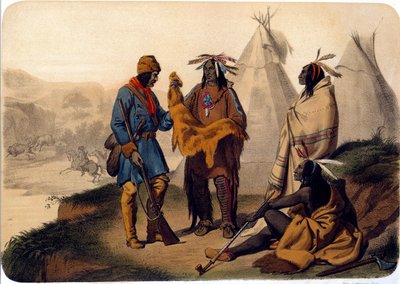 Indianer Amerikas: Ein Fallensteller handelt mit Rothäuten, sie tauschen Käferhäute, einer der Indianer raucht eine Pfeife. Lithographie aus dem 19. Jahrhundert von Unknown artist