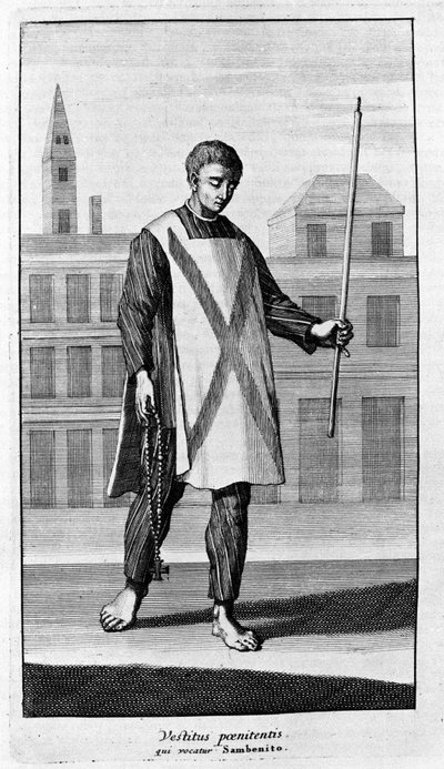 Inquisition. Kleidung von San Benito für die Prozession des Autodafé. Gravur aus „Geschichte der Inquisition“, Amsterdam 1692. von Unknown artist