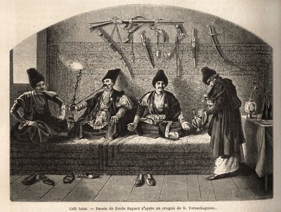 In einem tatarischen Café in Schoucha (Transkaukasien, Russland), wo Männer sich treffen, um Tee zu trinken und Shisha zu rauchen. Gravur zur Illustration der Reise in die Provinzen des Kaukasus, von Basile Vereschaguine, 1864-1865, veröffentlicht in „Le T von Unknown artist