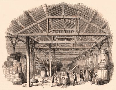 Innenansicht einer Tabakfabrik: Arbeiter beim Zerkleinern einer Tabakkugel und andere bei der Herstellung und Handhabung von Fässern von Unknown