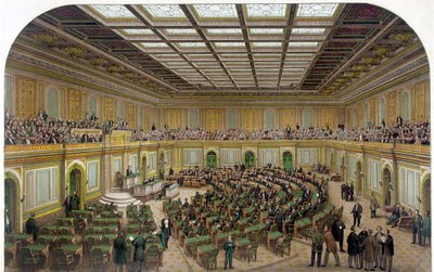 Innenansicht des Repräsentantenhauses des US-Kapitols zeigt den Kongress in Sitzung und die Zuschauer in der Galerie - Gravur 1866 von Unknown artist