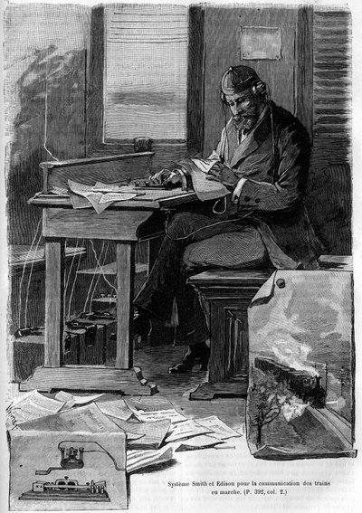 Erfindung des Smith- und Edison-Systems zur Kommunikation von fahrenden Zügen. Gravur im Journal „La jeunesse“ von Unknown artist