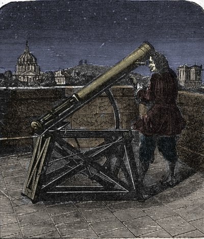 Isaac Newton (1642-1727), englischer Physiker, benutzt sein Teleskop. von Unknown artist