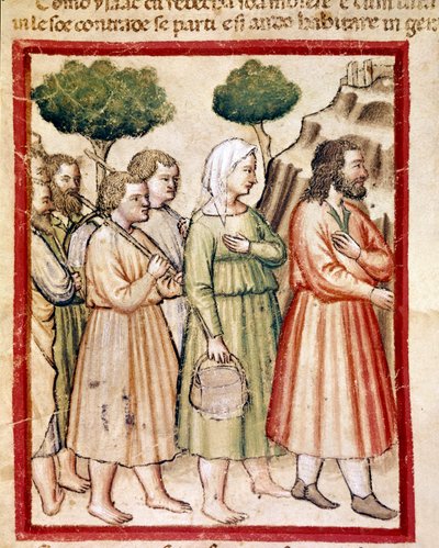 Isaak und seine Familie leiden unter Hungersnot und wandern in die Länder von König Abimelech aus. Miniatur aus Codex 212 (oder Padovano Codice oder Bibel von Padua) 1390-1400 Rovigo, Accademia dei Concordi von Unknown artist