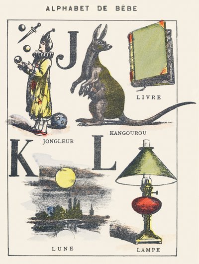 J K L: Jongleur, Känguru, Buch, Mond, Lampe von Unknown artist