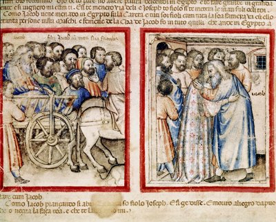 Jakobs Abreise nach Ägypten und seine Wiedervereinigung mit seinem Sohn Joseph. Miniatur aus Codex 212 (oder Padovano Codice oder Bibel von Padua) 1390-1400 Rovigo, Accademia dei Concordi von Unknown artist