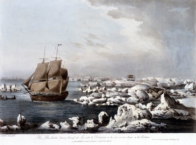 James Cooks Reisen: das Boot der Resolution im Vordergrund und die Discovery im Hintergrund im Eis gefangen - in "Captain Cooks letzte Reise", Bd. III von Unknown artist