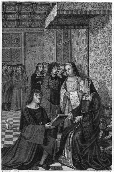 Jean Marot, Dichter (1463-1526), überreicht Königin Anne von Frankreich einen Gedichtband. Gravur aus dem 19. Jahrhundert. von Unknown artist