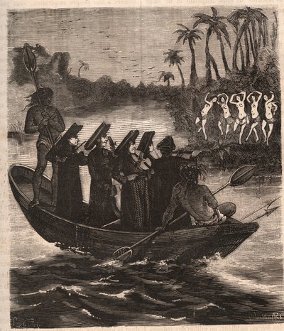 Jesuitenmissionare kommen 1553 mit dem Boot zu den Guarani-Indianern in Paraguay - Gravur von 1879 in „Geschichte der geheimen, politischen und religiösen Gesellschaften“ von Pierre Zaccone (1817-1895). von Unknown artist
