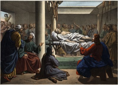 Jesus heilt den Gelähmten von Bethesda. Anonyme Gravur aus der Mitte des 19. Jahrhunderts. von Unknown artist