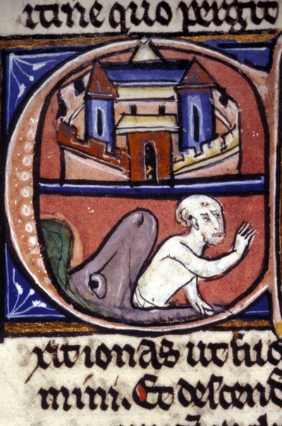 Jona, nach drei Tagen und drei Nächten im Bauch eines riesigen Fisches, wird von dem Tier ausgespuckt. Manuskript aus dem 14. Jahrhundert. Biblioteca nazionale braidense, Mailand. von Unknown artist