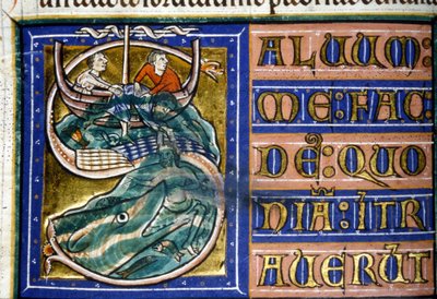 Jona wird ins Meer geworfen und von einem riesigen Fisch verschlungen. Manuskript aus dem 14. Jahrhundert. Stadtbibliothek von Vercelli von Unknown artist