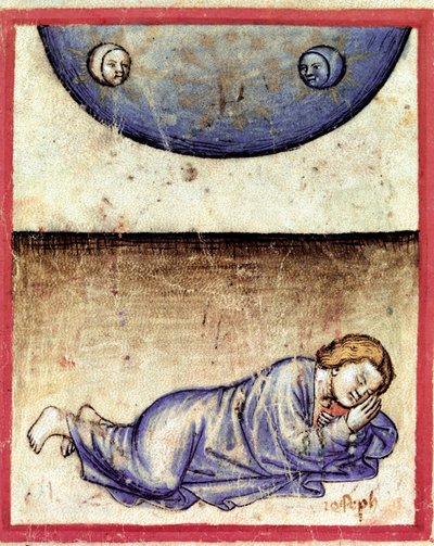 Joseph träumte, dass Sonne, Mond und elf Sterne sich vor ihm verneigen. Miniatur aus Codex 212 (oder Padovano Codice oder Bibel von Padua) 1390-1400 Rovigo, Accademia dei Concordi von Unknown artist