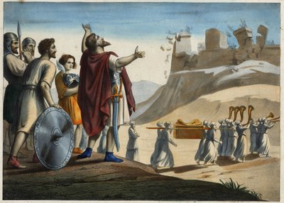 Josua vor der Stadt Jericho (die erste Stadt, die Josua und die Juden während der Eroberung des Gelobten Landes einnahmen). Die Mauern stürzen zum Klang der Trompeten ein. Anonyme Gravur des 19. Jahrhunderts von Unknown artist