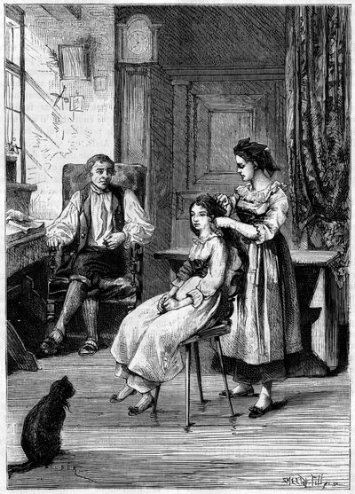 Josue Heilmann (1796-1848), ein französischer Erfinder, beobachtet, wie seine Töchter ihr Haar kämmen. Er ließ sich von dieser Szene inspirieren, um 1843 den mechanischen Kamm zu erfinden. Gravur in „La Nature: revue des sciences et de ses applications aux von Unknown artist