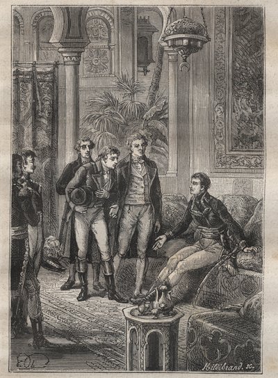 Reise (1798) von Frederic Conrad (Konrad) Hornemann (1772-1801) nach Fezzan (Libyen): Hornemann wird von Bonaparte in Kairo (Ägypten) empfangen - Illustration aus „Die großen Seefahrer des 18. Jahrhunderts“ von Unknown artist