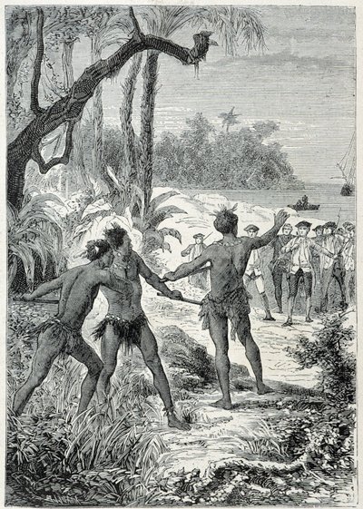 Reise von Kapitän James Cook (1728-1779) nach Neuguinea: die erste Begegnung mit den Eingeborenen von Unknown artist