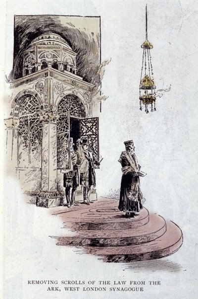 Judentum: Tora-Rollen, die normalerweise in der Heiligen Lade aufbewahrt werden, werden bei einer Zeremonie verwendet. Der Rabbi trägt den Talit oder Tzitzit Gebetsmantel. West London Synagoge von Unknown artist
