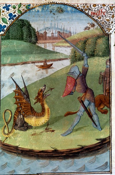 Ritter der Tafelrunde: „Lancelot kämpft gegen den Drachen“. Manuskriptminiatur „Der Roman von Lancelot du Lac“ von Unknown artist