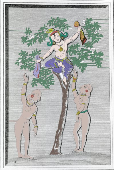 Krishna stiehlt die Kleider von zwei Gopis. L. M. Langlès: „Ancient and Modern Monuments of Hindustan“ Paris von Unknown artist