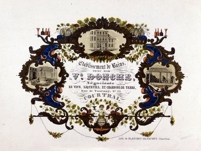Etikett für eine Weinkellerei, Liköre und Erdkohlen. Lithographie von Unknown artist