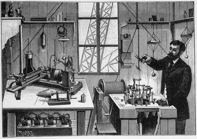 Labor von Gustave Eiffel auf der zweiten Plattform des Turms - Gravur von Unknown artist