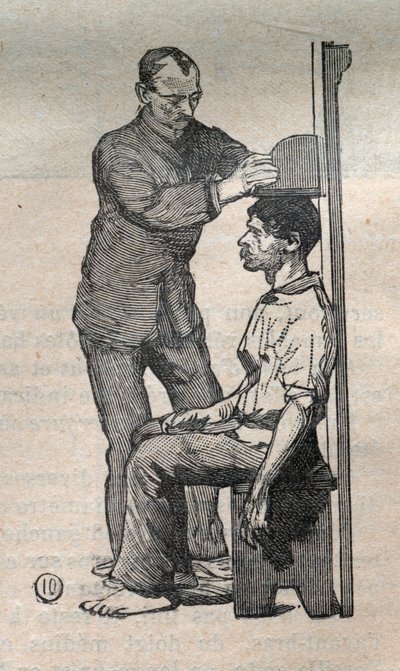Die gerichtliche Anthropometrie oder Bertillonage, Methode von Alphonse Bertillon (1853-1914): Messung des Oberkörpers - Gravur in „La Science francaise“ von Unknown artist