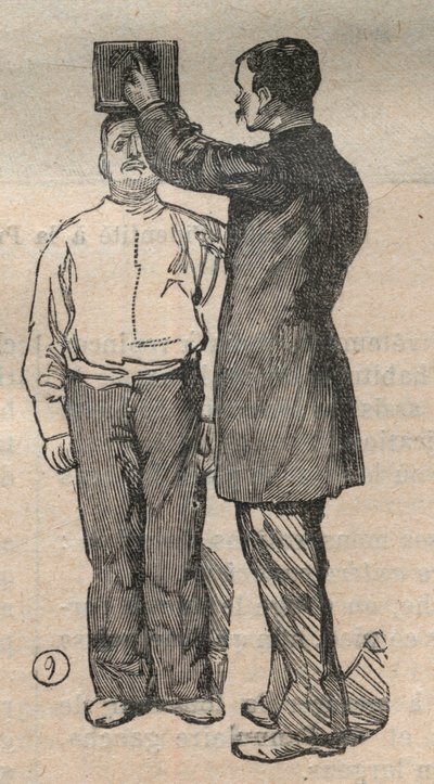 Die gerichtliche Anthropometrie oder Bertillonage, Methode von Alphonse Bertillon (1853-1914): Messung der Körpergröße - Gravur in „La Science française“ von Unknown artist