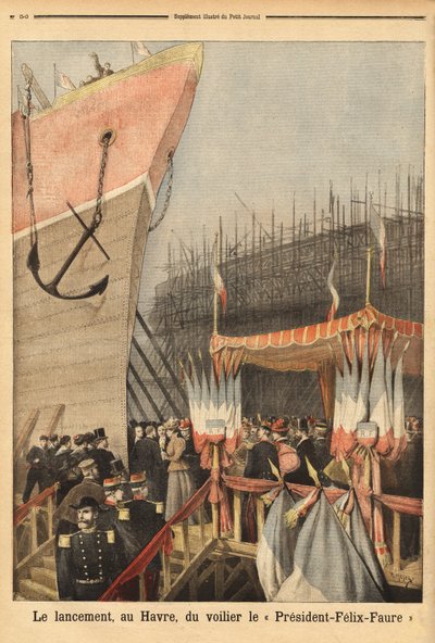 Stapellauf des Segelschiffs „President Felix Faure“, am 3. Februar in Le Havre, gesponsert von Lucie Faure, der Tochter des Staatsoberhauptes und Louis Brindeau, Bürgermeister von Le Havre; es ist das erste einer Serie von 4-Mast-Segelschiffen, die ab 1896 von Unknown artist