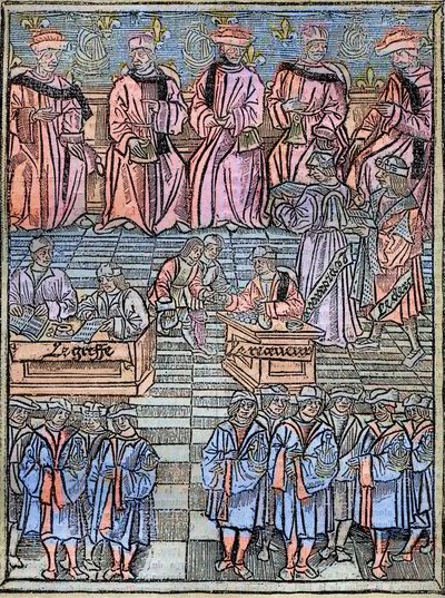 Le prévôt des marchands et les échevins de Paris au 16ème siècle, Kupferstich nach dem Original von 1528 - Provost der Kaufleute und Schöffen von Paris, Szene der Steuererhebung, Titelseite aus 