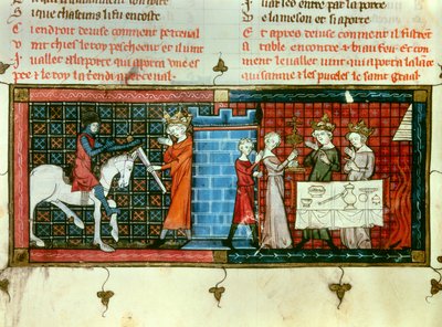 Links: Perceval erhält ein Schwert von König Pescheor. Rechts: Prozession des Heiligen Grals. Miniatur aus „Tale du Grail“ von Unknown artist