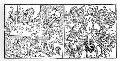Links: Die heilige Maria Magdalena trocknet Jesu Füße mit ihrem Haar. Rechts: Die heilige Maria Magdalena steigt in den Himmel auf. Manuskript von 1488, gedruckt in Nürnberg. Gravur aus „Leben der Heiligen - sommerteil“ (Das Buch der Heiligen) von Jacobus  von Unknown artist