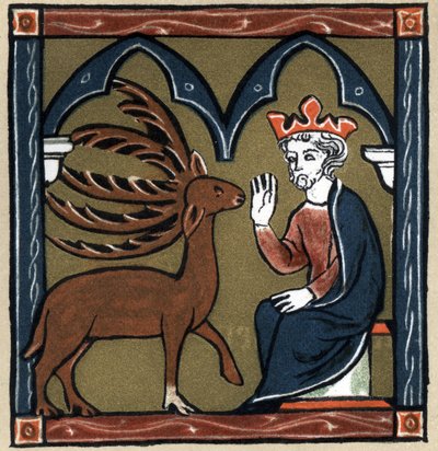 Artussage: Merlin verwandelt sich in einen Hirsch und besucht Julius Caesar. In 