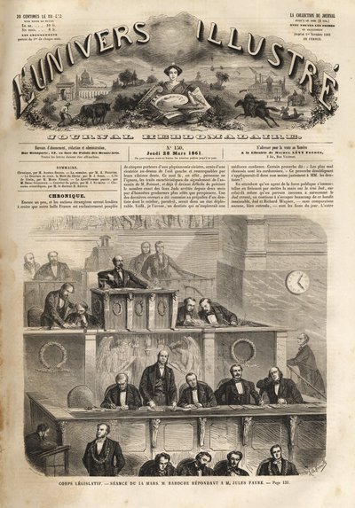 Legislativkörper - Sitzung vom 14. März 1861 - Pierre Jules Baroche (1802-1870) antwortet Jules Favre (1809-1880) - Das illustre Universum von 1861 von Unknown artist