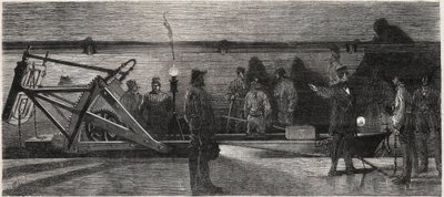 Die Abwasserkanäle von Paris: ein „Spülboot“ zur Reinigung des Sammelkanals - Gravur aus „Le Monde Illustré“ von Unknown artist