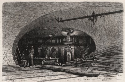 Die Abwasserkanäle von Paris: Biegung der Leitung in der Nähe der Saint-Michel-Brücke, Place du Chatelet - Gravur in 
