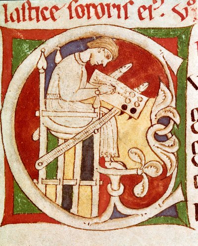 Buchstabe C verziert mit einem schreibenden Mönch (Miniatur aus „Vitae sanctorum“) von Unknown artist