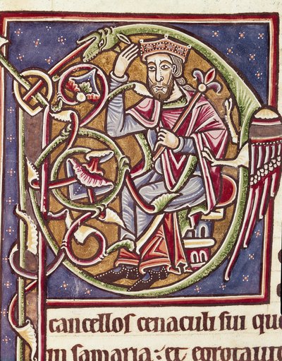 Lettrine P dekoriert mit der Darstellung des Königs des Landes Moab. Miniatur aus einer Bibel (Ms 3088) 12. Jahrhundert Coimbra, Bibliothek der Universität von Unknown artist