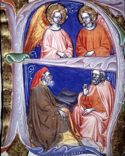 Lettrine, die Engel und Philosophen darstellt, die diskutieren - in „De civitate dei“ von St. Augustinus. Manuskript aus dem 14. Jahrhundert. Stadtbibliothek von Rimini von Unknown artist