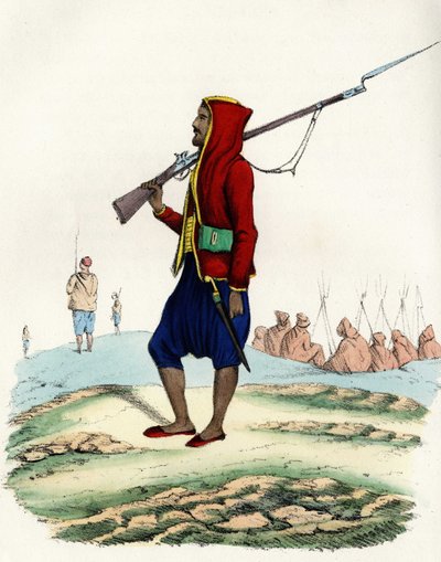 Leichte Infanterie von Emir Abd-el-Kader, Widerstand der französischen Armee Afrikas während der Algier-Expedition im Jahr 1830. In „Storia d
