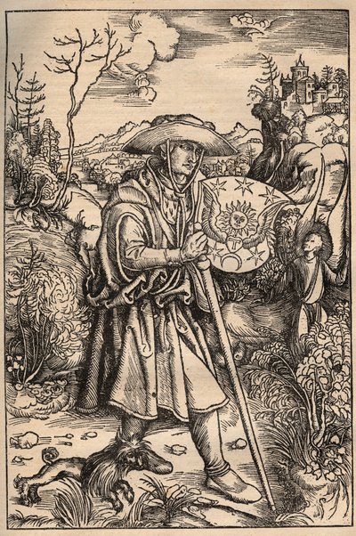 Das Bild des Pilgers - Der Pilger mit seinem Hund vor einem Schloss, Illustration aus einer Ausgabe der Opera von Johannes Gerson, veröffentlicht 1514 von Unknown artist