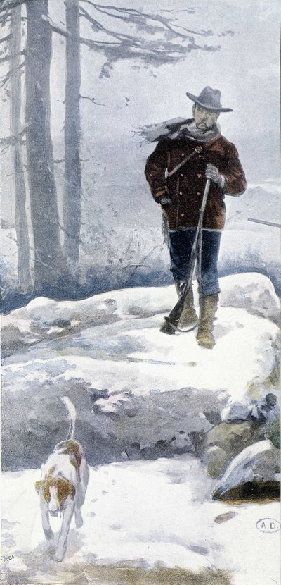 Einsamer Jäger mit Hund in einer verschneiten Landschaft, spätes 19. Jahrhundert von Unknown artist