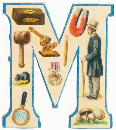 M: Streichhölzer, Magnet, Hammer, Mikroskop, Maus, Medaille, Mann, Lupe, Pilze von Unknown artist