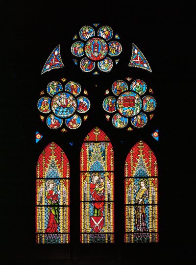 Madonna und Kind, Heilige Barbara und Heilige Katharina, auf einem von der Schneiderzunft gestifteten Fenster (Buntglas) von Unknown Artist