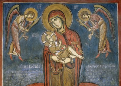 Madonna mit Kind zwischen Erzengeln, Fresko (1192), Panayia Tou Araka Kirche (Kirche Unserer Lieben Frau von Erbsen) (Unesco-Welterbeliste, 2001), Lagoudhera, Troodos-Gebirge, Zypern von Unknown artist